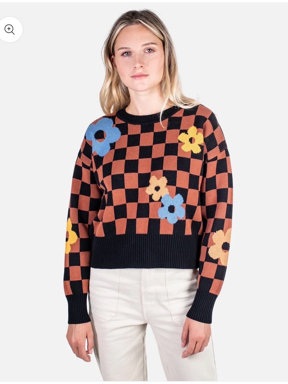 JETTY Checkerboard Daisy Flower Knit Sweater XS Brown Black Retro Surf Floral⁠